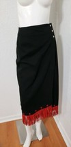 Hairston Roberson Ropa Wrap Skirt Black Southwestern Boho Red Suede Fringe Sz 8 - £63.93 GBP