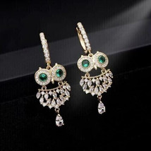3Ct Round Cut CZ Green Emerald Drop Dangle Owl Earrings 14K Yellow Gold Plated - £88.46 GBP