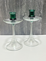 Pair Mid Century Modern Clear and Green Topped Glass Candle Sticks Sleek - £46.18 GBP