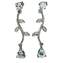 Sterling Silver White Ice Vine Tear Drop Dangle Drop Earrings CZ Formal Bridal - £41.13 GBP