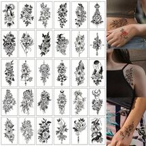 30pcs Waterproof Black Floral Temporary Tattoos for Women &amp; Girls - Long... - $7.55