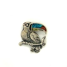 Vintage Signed Sterling Carved Toucan Bird Tree Branch Inlay Multi-Stone Brooch - £43.65 GBP