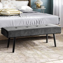 Mid-Century Grey Corduroy Upholstered End of Bed Bench with Black Metal Legs - $183.49