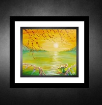 Painting Landscape with boat acrylic 14.5 x 12.5 in modern art Autumn landscape - £15.81 GBP