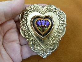 (z16-42) Czech glass button Purple Tulip tulips flowers heart brass pin pendant - $23.36