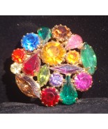 Multi-Colored Faceted Rhinestones Brooch Pin Gold Tone Jewelry Vintage - £19.34 GBP