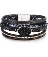 Boho Leather Wrap Bracelet with Crystal Accents - £17.59 GBP