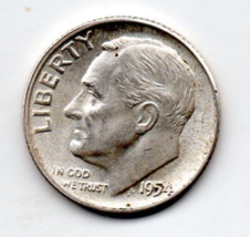 1954 Roosevelt Dime -  90 %Silver - Circulated Minimum Wear - $9.00