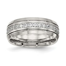 MJ Stainless Steel Polished and Grooved with CZ 8mm Half Round Band - $56.00