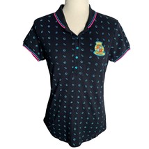 Hot Kiss Short Sleeve Polo Shirt S Black Blue Embroidered Buttons Collared - £14.46 GBP