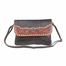 Myra Bag #4691 &quot;Choco&quot; Hand Tooled &amp; Embossed Leather 10.5x7.5&quot; Crossbody~Strap - £50.14 GBP