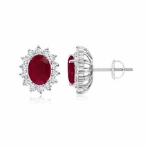 Authenticity Guarantee 
ANGARA Oval Ruby Flower Stud Earrings with Diamond Ha... - £1,141.30 GBP