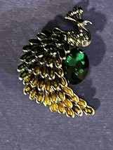 Silver Tone Green &amp; Yellow Enamel Green Rhinestone Peacock Brooch Pin Pendant - $7.51