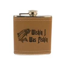 6oz Wishin I Was Fishin Leather Flask L1 KLB - $21.55