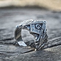 EYHIMD Men Freemason Ring Stainless Steel Masonic Symbol Rings Freemasonry Knigh - $10.95