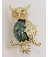 Signed Gerry&#39;s Green Marble Jelly Belly Gold Tone Owl Bird Brooch Pin 1 ... - £7.85 GBP