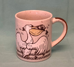 Vintage 1970s pelican mug coffee cup gray brown speckle with birds eating fish - £6.26 GBP