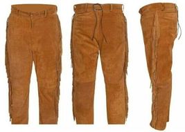 Men&#39;s Western Cowboy Brown Suede Leather Fringes Pant WP01 - £77.87 GBP+