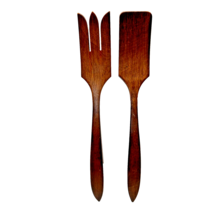 Vintage Wooden Dark Brown Salad Server Set Fork and Spatula Made in Canada 14&quot; - £14.81 GBP