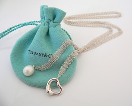 Tiffany &amp; Co Open Heart Necklace Pearl Pendant Charm 25 Inch Mesh Gift Pouch Art - £997.59 GBP