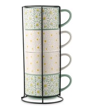Five (5) Thyme &amp; Table ~ WHITE &amp; GREEN FLORAL PATTERNS ~ Stacking Mugs w... - $60.00