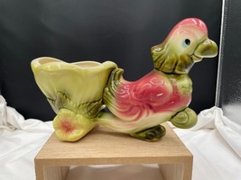Hull Pottery USA Pink Green Ceramic Parrot Pulling Flower Cart Planter Vase READ - £15.46 GBP