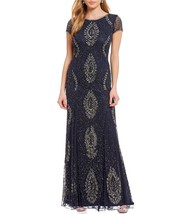 Pisarro Nights Beaded Vine A-Line Gown Sz 4 Navy Mercury - $106.88