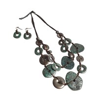 Boho Turquoise Silver Tone Disk Necklace Earring Set Costume Jewelry Fashion - £13.94 GBP