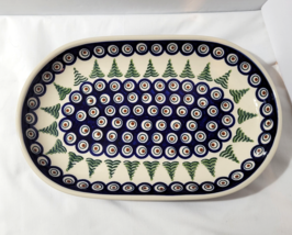 Polish Pottery Boleslawiec Platter 12 x 8" Peacock Eyes Pine Trees Chris... - $34.44