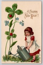 New Year Greeting Darling Girl Watering Can Flowers Ladybugs Postcard C31 - £5.50 GBP