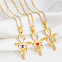 Ancient Egypt Horus Eye Ankh 18K Gold Plated Rhinestone Necklace (3 Colors) - £12.23 GBP