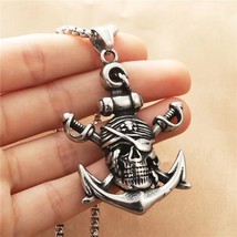 Men Pirate Skull Anchor Pendant Necklace Punk Hip Hop Rock Jewelry Box Chain 24&quot; - £7.13 GBP