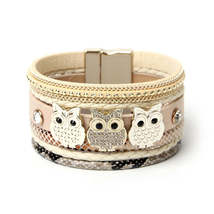 Rhinestone Owl Charm Wrap Leather Magnetic Buckle Bracelets - £17.54 GBP