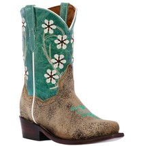 Kids Western Boots Floral Distressed Leather Teal Classic Snip Toe Botas... - £41.75 GBP