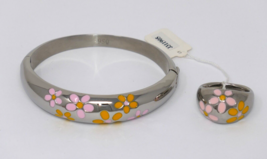 9SQ Signed Designer Silver Tone Floral Flower Design Bracelet &amp; Ring Set - $49.99