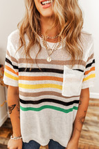 White Striped Pocketed Loose Fit Crewneck Knitted T Shirt - $277.27 MXN