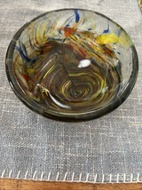 Aqua Swirl Blown Art  Glass Bowl Three Footed Handmade - $20.79