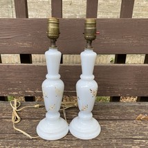 Vintage Mid Century Pair of White Milk Glass with Flowers Lamps 15” Tall - $75.00