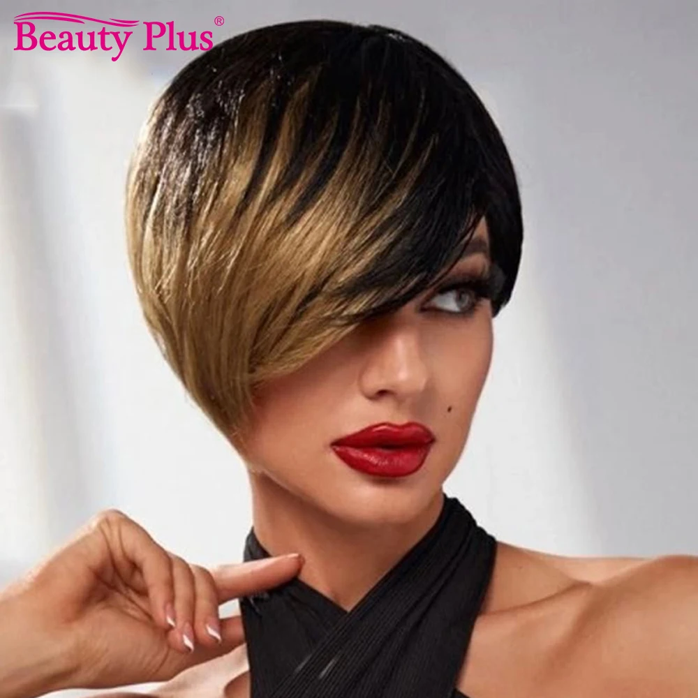 Short Straight Pixie Cut Pick Dye Human Hair Wig With Fringe Golden
