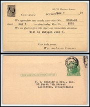 1937 US Postal Card - Whiting Adams Co, Boston, MA to Allentown, PA F10 - £2.33 GBP