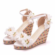 White Women Shoes Platform Wedges High Heel Sandals Lace Flower Sexy Plus Size 3 - £48.04 GBP