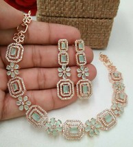 Bollywood Style Rose Gold Plated Indian Choker Necklace CZ Delicate Jewelry Set - £53.14 GBP