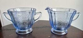 Vintage Federal Glass Madrid Blue Glass Creamer &amp; Sugar Set - £14.70 GBP