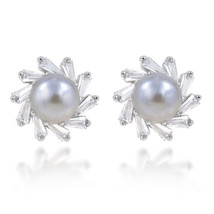 Radiant Sunshine Gray Pearls and Cubic Zirconia Sterling Silver Stud Earrings - £13.63 GBP