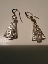 Vintage Womens Earrings VTG Silver Tone Triangle Tree Crystal Rhinestone  - $13.96