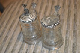 Lot of 2 3” Miniature beer steins w Lids, Glass &amp; Metal, Pelican &amp; Dolphin - £14.26 GBP