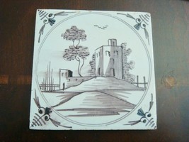 18th century salvaged Delft manganese tile depicting  buildings and trees - £75.41 GBP