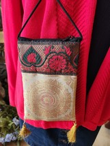 Multicolored Crossbody Bag Small Golden Brocade Lace Applique Upcycled India - £7.77 GBP