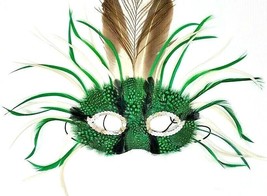 White &amp; Green Mardi Gras Feathered Mask W/Silver Sequins &amp; Peacock Feathers - £10.95 GBP