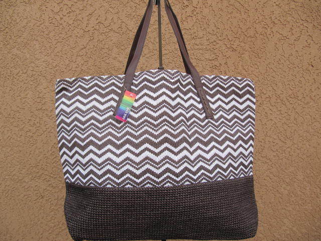 Brown &amp; White Chevron Straw Shopper Beach Gym Tote Bag Large Handbag Big... - $14.80